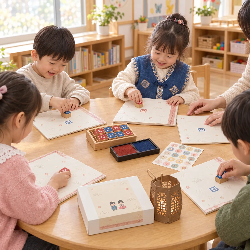 유치원 교실에서 한글 스탬프 교재 활동을 하는 아이들