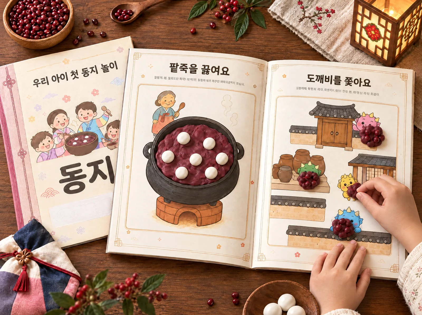 동지 교재의 팥죽을 끓여요·도깨비를 쫓아요 면 위에 클레이 팥죽을 붙인 모습