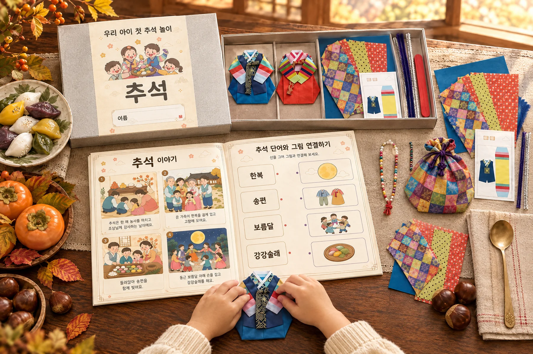 추석 편 — 상자를 열고 교재를 펼쳐 종이 한복을 접는 아이 손, 한지·스티커·송편·감