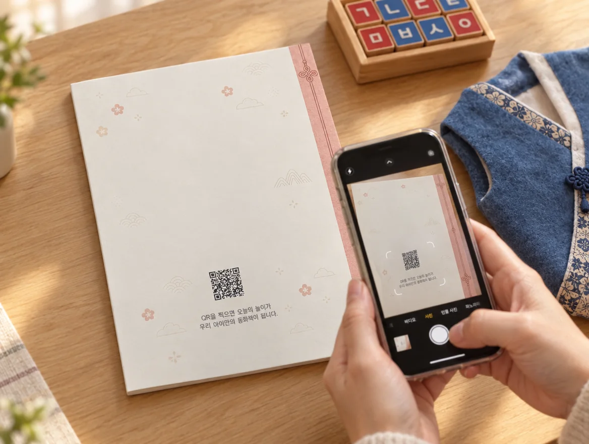 교재 뒤표지의 QR 을 스마트폰으로 찍는 모습